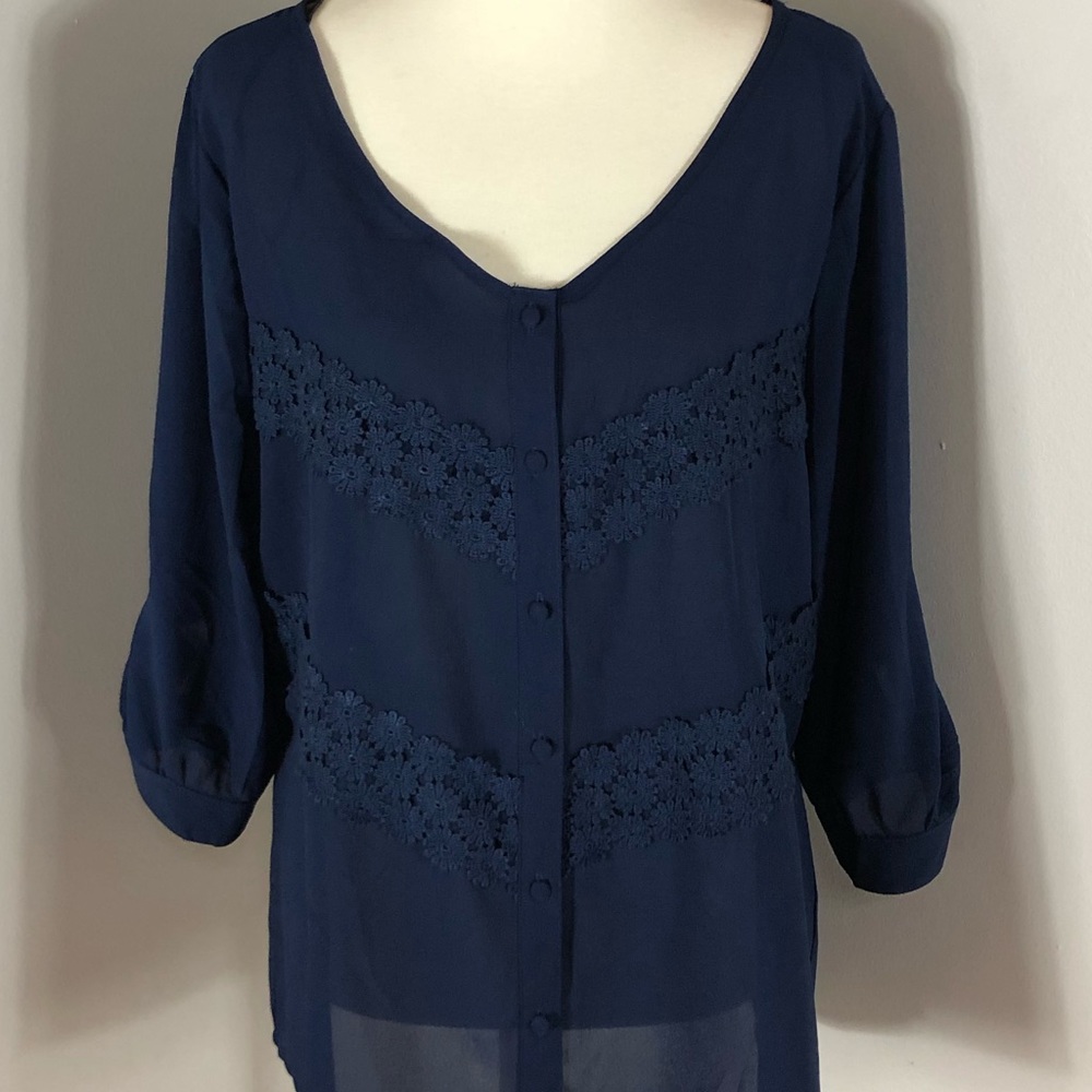2XL Navy MineToo Brand Adjustable Sleeve Sheer Top